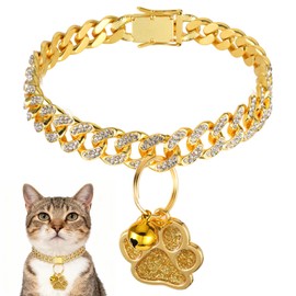 Cat Collar Diamond Cat Chain Collar Metal Pet Necklace with Paw Charm and ID Tag Bell Bling Pet Collars Cuban Link Jewelry Accessories for Small Medium Dogs Cats Puppy Kittens (Gold, 10 Inch)