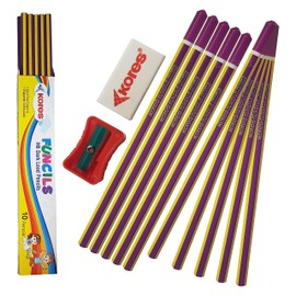 Kores Funcils HB Dark Lead Pencils, Pack of 10, Wooden Graphite Lead Pencils Sharpener Eraser Pack, Hexa Grip, Wooden Pencils for Children Student Adults School Office