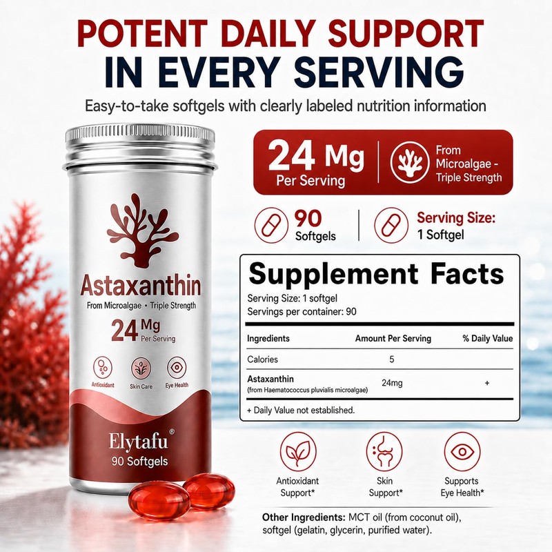 Astaxanthin Supplements 24mg Astaxanthin Softgels,from Microalgae, Triple Strength Astaxantina Antioxidant