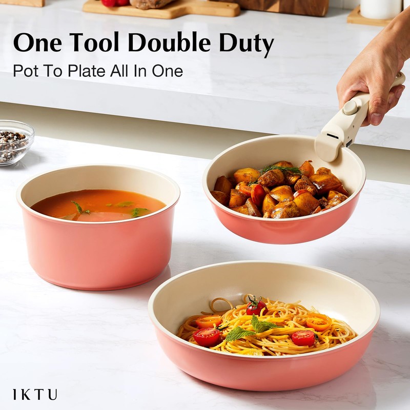 IKTU Ceramic Pots and Pans Set Non Stick Pink, 19
