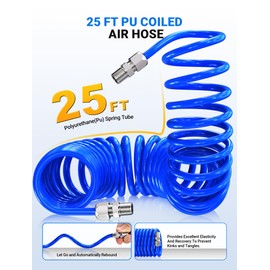 SARDVISA 25 FT Repairable PU Recoil Air Hose, Industrial Air Compressor Hose with 1/4" NPT Quick Coupler and I/M Plug Air Fittings Kit, 150 PSI Max Air Tool Hose