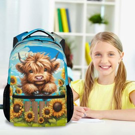 KAXVZER Highland Cow Backpack for Girls, 17 Inch Brown Backpacks for Teens, Cute Sunflower Print Lightweight Bookbag for Women