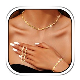 JEAIRTS Rhinestone Choker Necklace Jewelry Sets Bridal Diamond Tennis Chain Necklace Earrings and Bracelet Bling Prom Formal Jewelry Set for Women, Standard, Rhinestone, No Gemstone