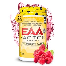 Nutrithority EAA Factor, polvo de aminoácidos esenciales BCAA, Raspberry Rage, 30 porciones bebida intra y post entrenamiento sin azúcar ni cafeína...