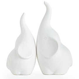 PlivBloom Ceramic Elephant Figurines with Trunk Up, Elephant Ring Holder,Elephant Statue African Home Decor,A Pair of Small Lucky Sculpture,Ideal for Gifts Women,Valentine Decor and Christmas (White)