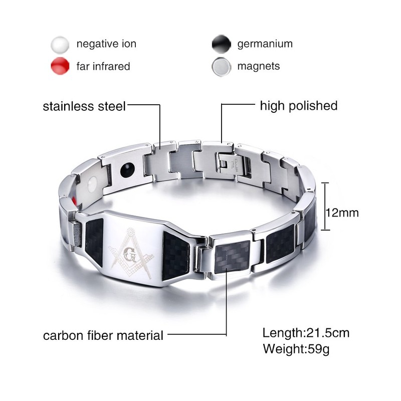 Rockyu Men's Men’s Bracelet, Titanium, Silver, Plated, Masonic Engraving, Magnetic,