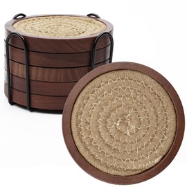 Mckanti 5 Pack Wood Coasters for Drinks with Cotton Coasters Insert, Wooden Coasters with Holder for Coffee Table Decor, Absorbent Coasters for Kinds of Cups, 4.3 Inches