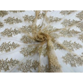 new creations fabric and foam inc Metallic Champagne Floral Lace Corded And Embroider With Sequins On A Mesh-yard