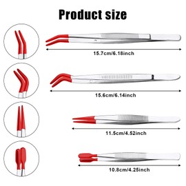 4pcs Stainless Steel Tweezers with Non Slip Rubber Straight/Flat/Long Curved Tips, Silicone Tipped Tweezers Tools for Jewelry Diamond Gem Rhinestone Crystals Bead Pick Up for Crafts Making Lab