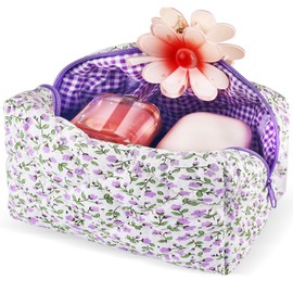 URSKYTOUS Cotton Quilted Makeup Bag Floral Large Cosmetic Bag Puffy Cute Travel Makeup Organizer Coquette Toiletry Makeup Pouch Aesthetic Portable Zipper Storage Bag for Women Girls (Blue Flower),