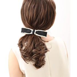 VINGTAINE H7649-BKWH- Barrette, Ribbon, Beaded, Trim, Bi-Color, Hair Clip, Hair Clip, Tweed, Elegant, Hair Accessory, Adult Casual, Present, Gift