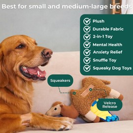 Snuffle Dogs Toys Plush Stuffed Puppy Toy with Squeaky Treat Hide for Large, Medium, Small Dogs and Puppies Slow Feeder, Machine Washable, Pet Supplies Toys for Dogs to Keep Them Busy, Camel