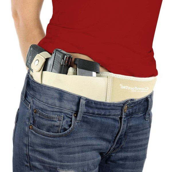 ComfortTac Ultimate Belly Band Gun Holster - Deep Concealment Edition | Compatible with Smith and Wesson, Shield, Glock 19 42 43, P238, Ruger LCP, and Similar Guns, for Men and Women (Nude, L, Right)