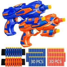2 Pack Blaster Guns Boys Toy-with 60 Soft Foam Darts Bullets& 2 Wrist Bands- Easter Basket Stuffers Hand Gun Toys Party Supplies for 3,4,5,6,7,8,9 Years Kids