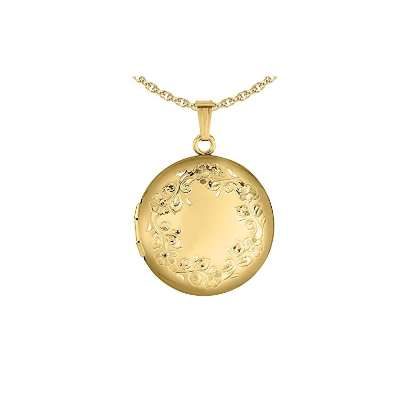 Round Engraved Floral Border Gold Filled Locket Necklace