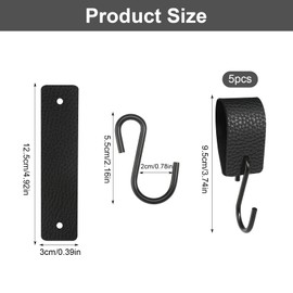 BELIHOME S Hooks Black with Leather Loop, Pack of 5 Hooks, Coat Hooks, Metal Hooks, Multi-Purpose Hooks with Leather Loop, Camping Hooks for Wardrobe, Clothes Rail, Kitchen, Bathroom