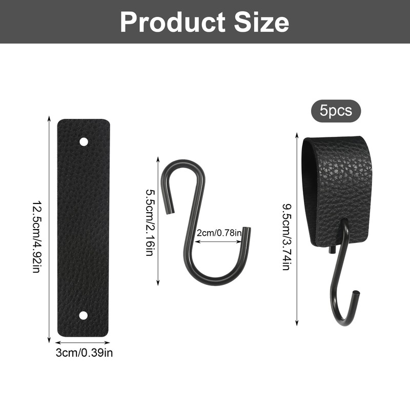 BELIHOME S Hooks Black with Leather Loop, Pack of 5