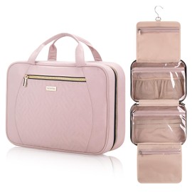 TBTOTRA Women's Travel Toiletry Bag - Hanging Makeup Organizer for Accessories, Shampoo, Full-size Containers, Toiletries - Medium Pink