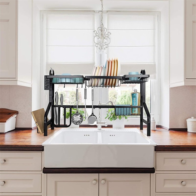 2 Tier Kitchen Dish Rack Over The Sink Width Adjustable,