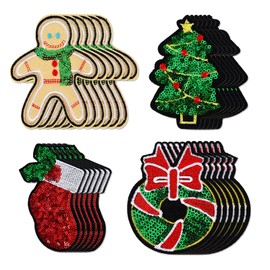 Jodsen Pack of 24 Christmas iron-on patches, stick appliqué stickers, Christmas patches for iron-on, Christmas tree embroidered patches, iron-on Christmas patches, embroidered appliqués