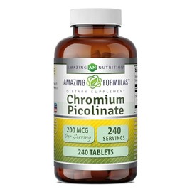 Amazing Nutrition Suplemento de picolinato de cromo de Amazing Formulas, 200 mcg por porción, tabletas, sin OGM, sin gluten, (240 unidades)
