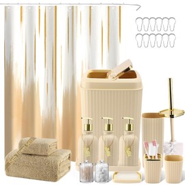 WSBArt 20PC Bathroom Accessory Set Bathroom Accessories Set Beige Bathroom Set, Shower Curtain Set, 2 Piece Bath Towel Set, 3PC Soap Dispenser, Toilet Brush & Trash Can