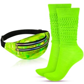 80s Neon Women Socks Holographic Fanny Pack Neon Slouch Socks Long Scrunch Socks Waist Bag for 80s 90s Party Costume (Green)