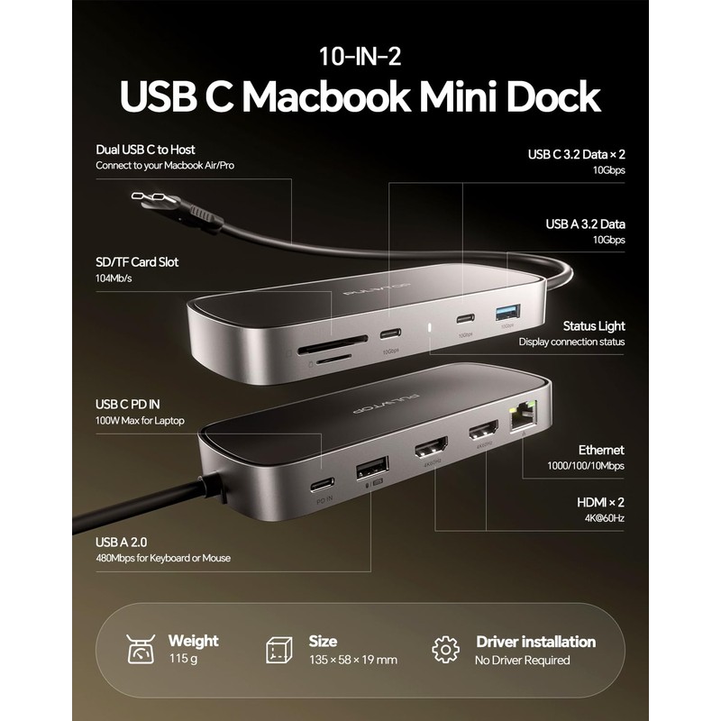 PULWTOP MacBook Pro Docking Station Dual Monitor 4K@60Hz for MacBook