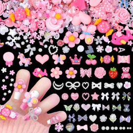 300 Pcs Junk Case Charms, 3D Mix Assorted Flower Bows Butterfly Nail Charms, 30 Pcs Cute Resin Nail Candy Charms, Charms for Junk Cases Nail Art DIY Crafts Accessories(S2-Pink Candy)