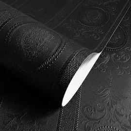 JiffDiff Wallpaper Peel and Stick Textured, 3D Black Embossed Wall Paper Stick on Wallpaper Modern Waterproof Self Adhesive Contact Paper(17.3" x 120")