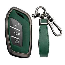 KUNIO Car Key Fob Cover Fit for MG HS ZS EV MG6 EHS MG3 MG7 Key Protective Cover Keychain Leather Metal Key Holder 3 Button, Gun Green