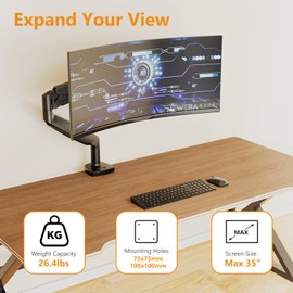 Suprogear Single Monitor Arm, Gas Spring Single Monitor Mount up to 35 inches and 26.4 lbs, Heavy Duty Monitor Arm Desk Mount, Ultrawide Monitor Mount Desk with C Clamp and Grommet Base, Black