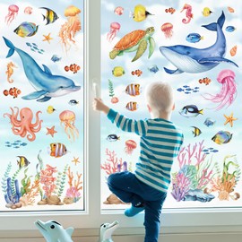 wondever Ocean Theme Animal Window Stickers Under The Sea Whale Fish Turtle Window Decals Anti Collision Double-Side Static Window Clings for Glass Windows Home