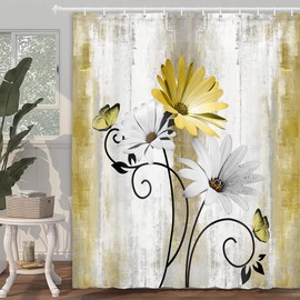 VeiVian Rustic Farmhouse Shower Curtain, Farm Yellow Daisy Floral Flowers and Butterfly on Country Wooden Shower Curtain for Bathroom, Yellow Bathroom Shower Curtains with 12PCS Hooks, 70X75IN