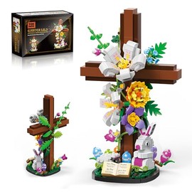Christian Cross Flower Building Set - Jesus Botanical Lily Cross with Bible Base & Spring Garden - Religious Faith Gifts for Women, Mom & Grandma - Spiritual Home Decor, Baptism