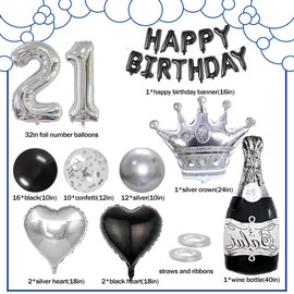 QYIMMIO 21st Silver Birthday Decorations Kit, Happy Birthday Banner Number 21 Balloons Fringe Curtain Hanging Swirls Tablecloth Photo Props, Happy Birthday Crown and Sash for 21st birthday Party