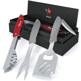 Kona Tailgater Grilling Accessories Tool for Men - 6 Tools in One - Heavy Removable Stainless Steel Grilling Spatula, Fork, Tongs - Beautiful Gift Box