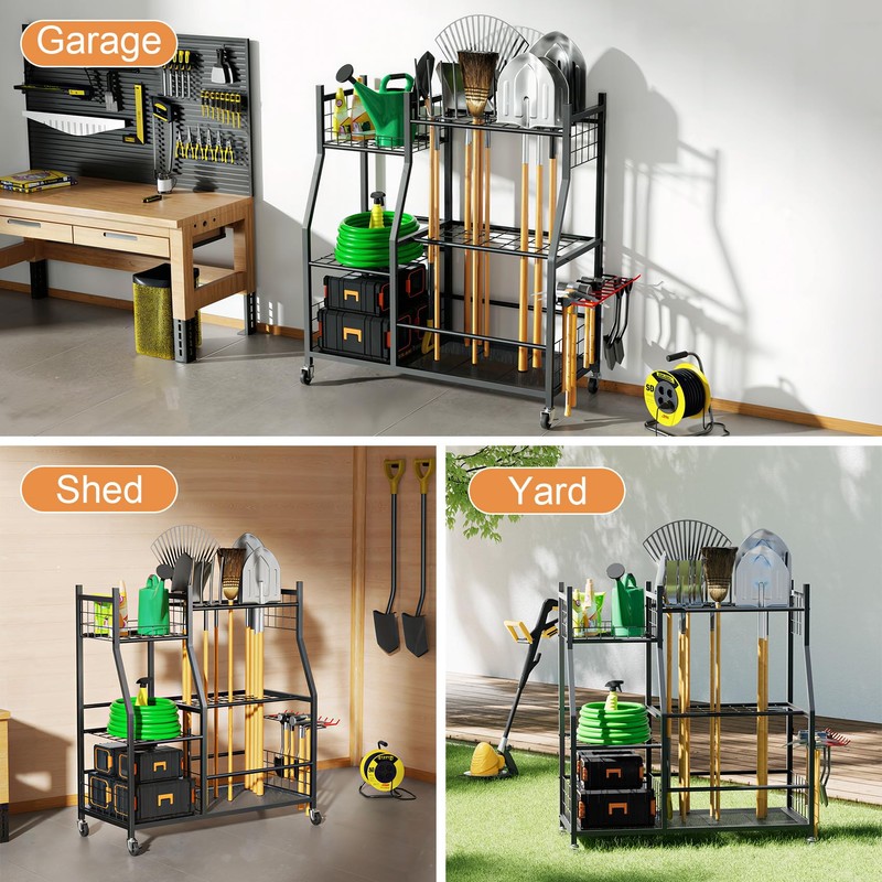 Garden Tool Organizer with Wheels for Garage, Freestanding Garage Tool