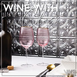 Vikko Décor Wine Glasses, Set of 6 Peach Blown Glass with Gold Rim, 11 Ounce Fancy Wine Glasses With Stem for Red and White Wine, Dishwasher Safe Goblets, Decorative Wine Glasses