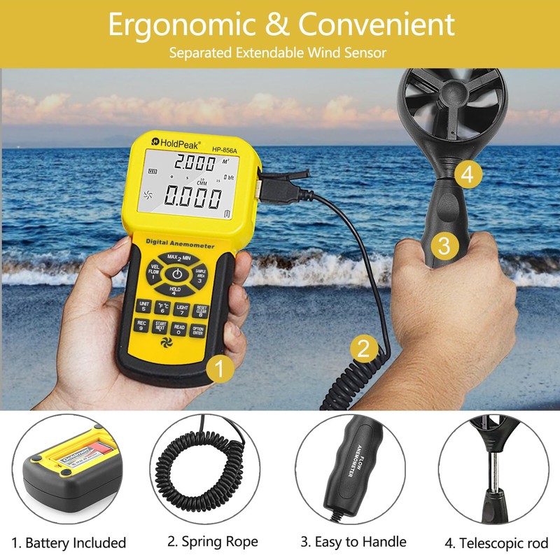 HoldPeak CFM Meter HVAC Anemometer with USB, Handheld Wind Speed