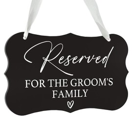 Wedding Acrylic Decor Sign, Reserved Seating Signs, Wedding Chair Decorations, Acrylic Seat Sign Hanging with Ribbon for Weddings Ceremony Seating and Church Pew Bench Decor - Groom's Family (Black)