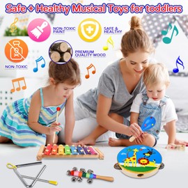 INLAIER Kids Musical Instruments Set, 20 Pcs Toddler Wooden Percussion Instruments for Baby Children with Tambourine Xylophone Maracas, Preschool Musical Toys Set for Boys and Girls with Carrying Bag