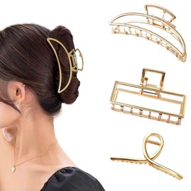 Pack of 3 Large Hair Clips Gold Metal Hair Clips Non-Slip Thick Hair Accessories Women Large for Women and Girls