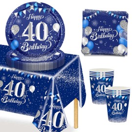 MORAINJAY 53Pcs Birthday Tableware Set for 40,Navy Blue Silver Tableware Set for 40th Birthday Party with Plates,Napkins,Tablecloth,Dinnerware Set for 40,Party Supplies Table Decor for Him,Men,Adults