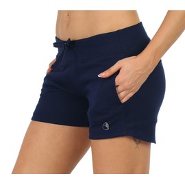 icyzone Pantalones cortos deportivos para mujer – Pantalones cortos deportivos para correr, trotar, entrenamiento, con bolsillos, 7,6 cm, Azul marino/flor y brillo, XL