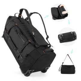 Romatime 29" 86L Rolling Duffle Bag, Foldable Large Waterproof Backpack with 2-Inline Wheels, Black