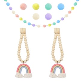 Pack of 2 Curtain Ties with 1 Fur Ball String Flag, Rainbow Tassel Pendant, Curtain Magnetic Closures, Wooden Bead Curtain Ties, No Punching Curtain Ties, Curtain Accessories