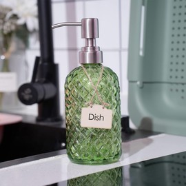 SDlumeiy 16 oz Diamond Pattern Glass Soap Dispenser, Kitchen and Bathroom Refillable Soap Dispenser with Rust Resistant Stainless Steel Pump for Hand Soap, Lotion Glass Liquid Dispenser(Green)