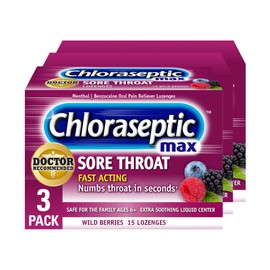 Chloraseptic Max Strength Sore Throat Lozenges, Wild Berries, 15 Count, 3 Pack