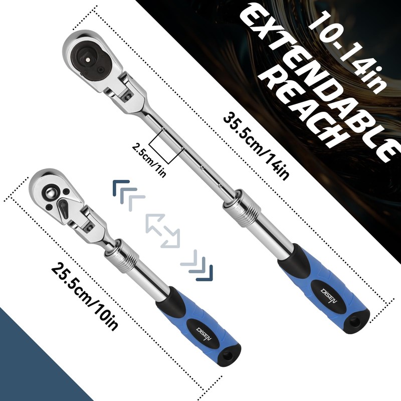 DISEN 3/8" Drive Extendable Flex-Head Ratchet,72-Tooth, Quick Release, Father's Day